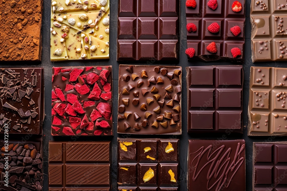 Aufkleber Assorted chocolate bars in various flavors and types are neatly arranged in a grid pattern. Generative AI