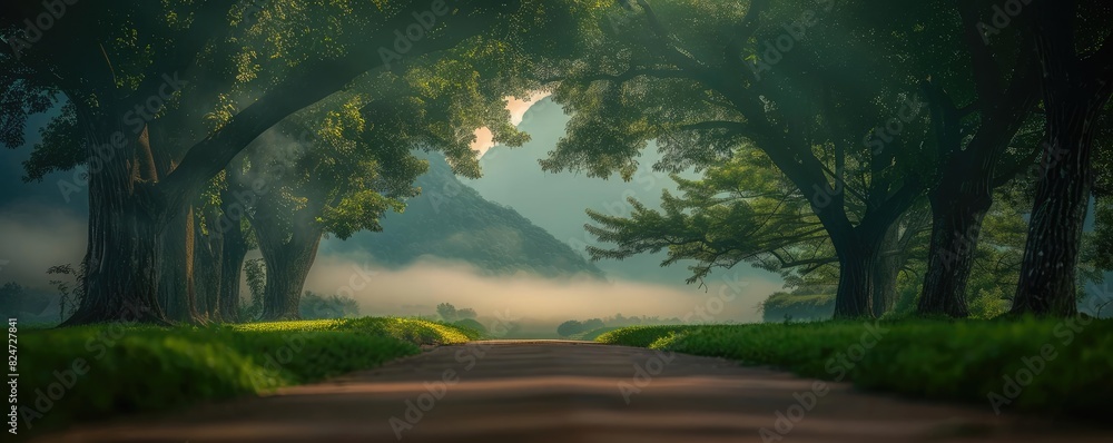 Aufkleber Serene tree-lined path in a misty forest with sunlight filtering through the branches, creating a peaceful tunnel of greenery.