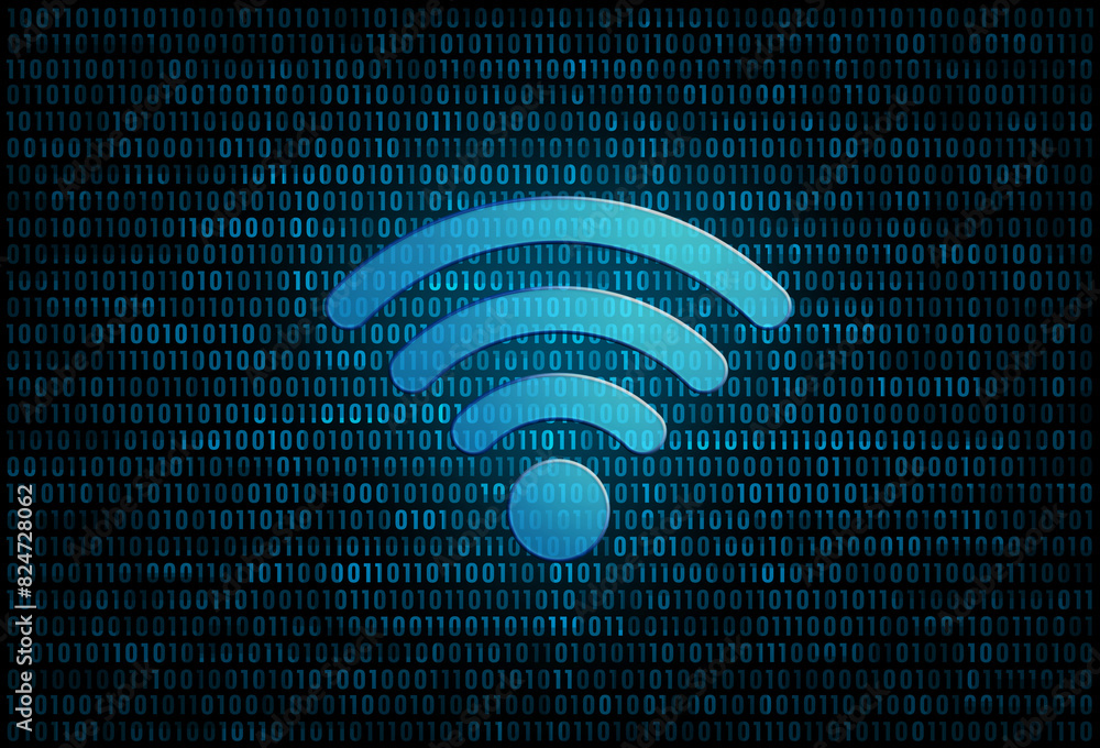 Poster digital wifi icon with binary background.