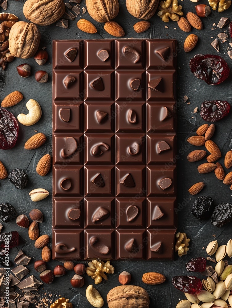 Fototapete Close-up of a chocolate bar surrounded by various nuts and dried fruits, creating a visually appealing and appetizing display. Generative AI