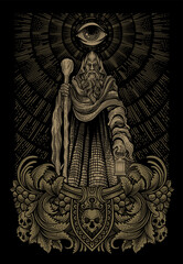 Illustration elder wizard with engraving ornament frame - Vector Eps 10