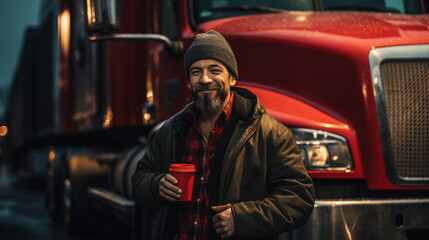Obraz premium Truck driver leaning against red truck and drinking coffee