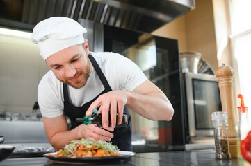 Closeup of a concentrated male chef garnishing food in the kitchen