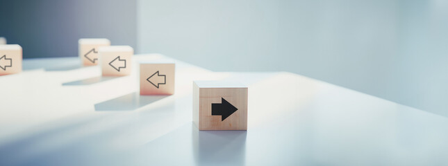 Think different concept, Individual and standing out from the crowd, Wooden block with arrow on pastel blue background, Unique attitude, Opportunities in different directions, Solution, Strategy