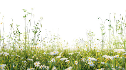 Fresh field with grass and yellow flowers green grass isolated against a transparent background. blurry blue sky with clouds. natural leaf border background