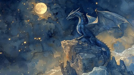 A blue dragon perches on a rocky outcropping beneath a full moon.