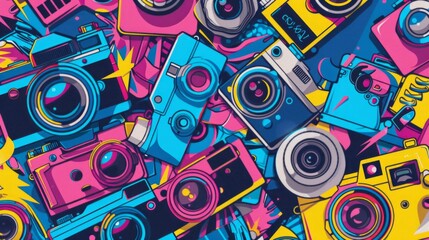 a background of creative elements like cameras, lenses, art, icons