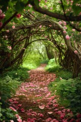 Serene Forest Pathway Adorned with Pink Rose Petals and Blooming Vines, Creating a Romantic and Peaceful Escape into Nature's Beauty