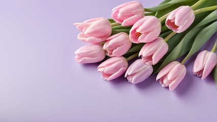 Naklejka premium bouquet of pink tulip flowers, flower frame on lavender background, Greeting floral card template with copy space, Summer Background, Birthday, Valentine’s Day, Flat lay, top view, space for text 