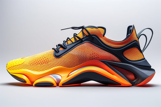 fashion by ai, futuristic running shoe in the style of orange and black gradient, black accents on the sides and sole, white background, photorealistic // ai-generated  - Powered by Adobe