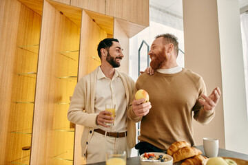 Two happy men, a gay couple, enjoying breakfast in a modern kitchen.