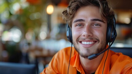 A happy white male support person on a headset wearing an orange shirt. Generative AI.