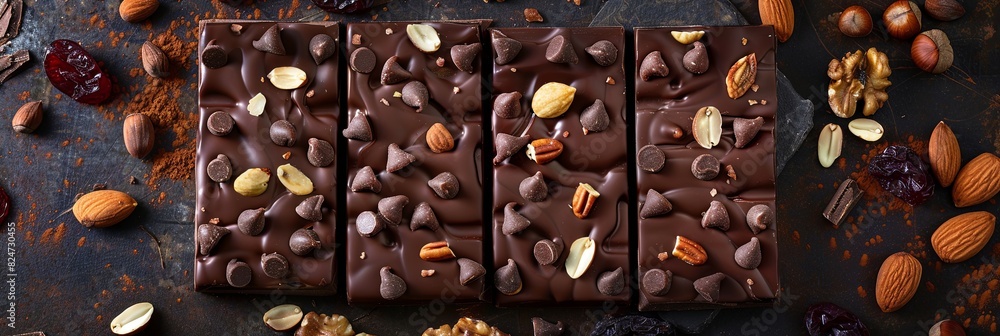 Poster detailed close-up of a chocolate bar covered in nuts and cranberries, showcasing rich textures and n