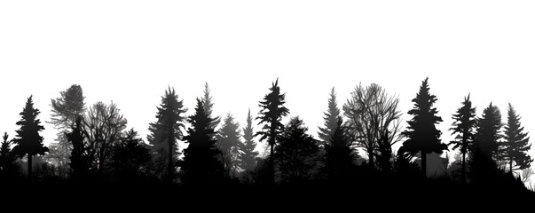 Trees silhouette in the forest, isolated on white, generated ai