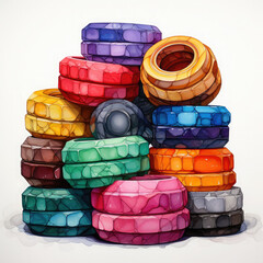 Watercolor Stacked Tires Illustration, Generative Ai