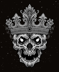 Artwork illustration skull with king crown. engraving hand drawn style, Design element for logo, poster, T shirt - Vector Eps 10