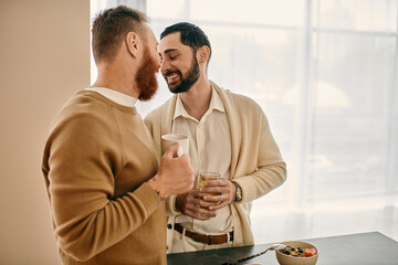 Two men engrossed in conversation in a cozy kitchen, sharing love and laughter in a modern apartment setting.