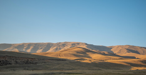 a vast, open landscape at golden hour with rolling hills, a clear sky, and the play of shadows and light creating a tranquil, picturesque scene