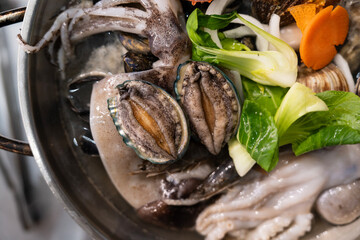 View of the seafood stew in the pot