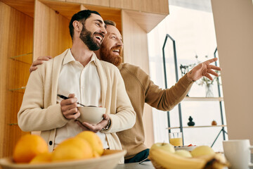 Two joyful men arranging a bowl of fresh fruit in a modern kitchen, sharing a loving moment...