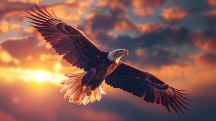 The bald eagle soars through the sky above the setting sun.