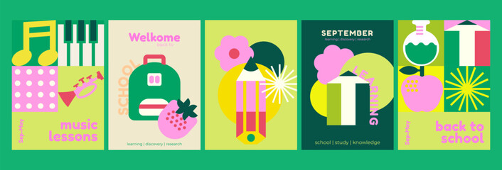 School backgrounds. Stationery, musical instruments, pencils, backpack. Set of flat cute vector illustrations. Back to school. School theme elements and objects, simple poster background.