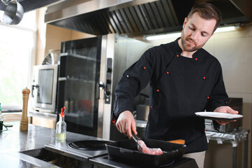 Portrait of handsome positive chef cook at the restaurant kitchen