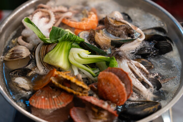 View of the seafood stew in the pot