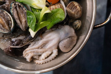 View of the seafood stew in the pot