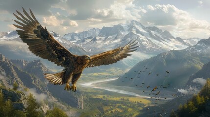 The eagle soars above the mountains.