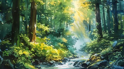 The green forest is a beautiful place with a lot of trees and a river running through it