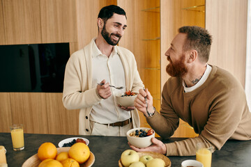 Two happy men, a gay couple, sharing breakfast in a modern kitchen, showcasing love and...