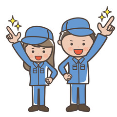 未来に向かって指を指す男女作業員（清掃員）の全身イラスト