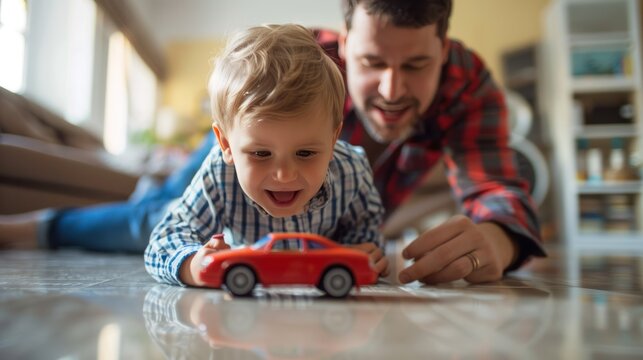 Happy Son looking at father playing with toy car on white house floor