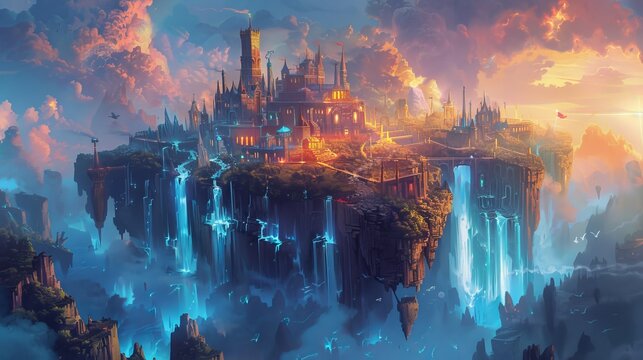 The image is a beautiful landscape of floating islands with waterfalls.