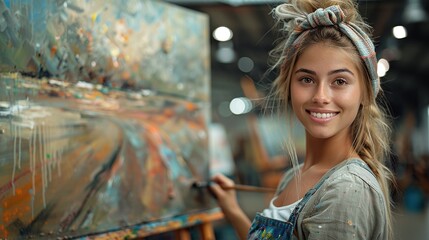 Portrait of happy female painter standing with paintbrush in hands and painting an abstract painting at atelier while smiling at the camera.
