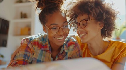Happy lesbian couple examining a house's blueprint indoors, envisioning their future home together. The photo captures their excitement and collaborative spirit as they plan their living space.