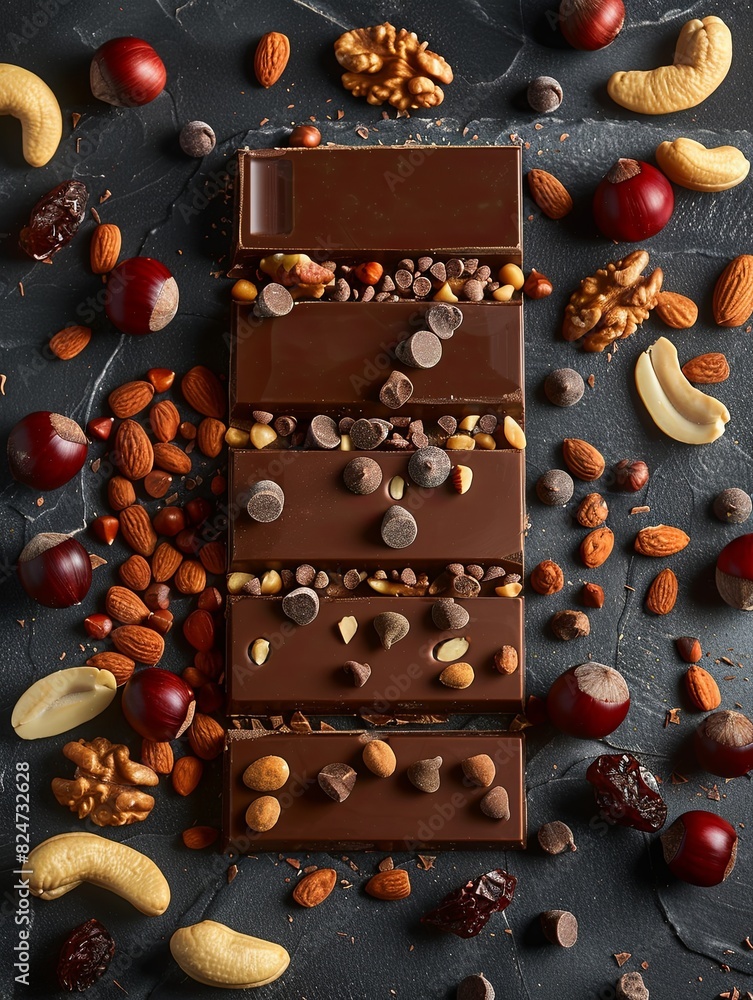 Poster a decadent chocolate bar topped with a variety of nuts, almonds, and cranberries, creating a delicio