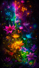 Neon fairy tale forest with luminous flowers, mystery path in dark magical woods, glowing plants and lights in wonderland. Concept of fantasy night, beauty, nature, landscape, art. Generative ai