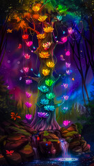 Neon fairy tale forest with luminous flowers, mystery path in dark magical woods, glowing plants and lights in wonderland. Concept of fantasy night, beauty, nature, landscape, art. Generative ai