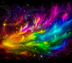 Neon fairy tale forest with luminous flowers, mystery path in dark magical woods, glowing plants and lights in wonderland. Concept of fantasy night, beauty, nature, landscape, art. Generative ai