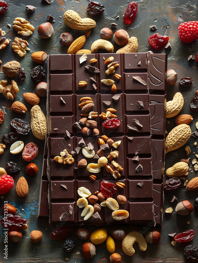 Aufkleber A chocolate bar adorned with an assortment of nuts, raspberries, and almonds creating a delectable and textured display. Generative AI