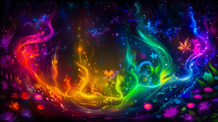 Neon fairy tale forest with luminous flowers, mystery path in dark magical woods, glowing plants and lights in wonderland. Concept of fantasy night, beauty, nature, landscape, art. Generative ai