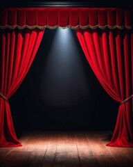 Red Curtains for the theater show background. Magic theater stage red curtains Show Spotlight. The red curtains of the stage are opening for the theater show.