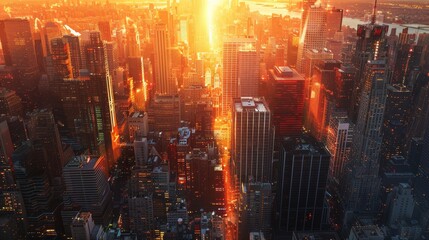 The photo shows a beautiful sunset over a dense urban landscape.