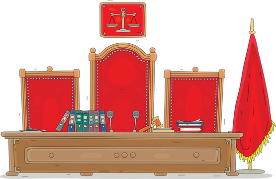 recommend clip art: Desk and chairs of judges for official hearings and sentencing in a courtroom, vector cartoon illustration on a white background