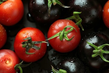 Unusual Black tomatoes table. Wicker basket with juicy and fresh vegetables. Generate AI