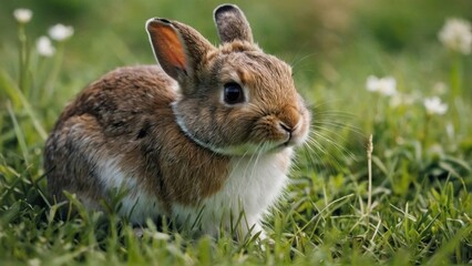 Cute tiny rabbit hare sitting on green grass field meadow. Beautiful bunny portrait wildlife animal photography illustration wallpaper concept.	