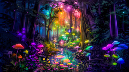 Neon fairy tale forest with luminous flowers, mystery path in dark magical woods, glowing plants and lights in wonderland. Concept of fantasy night, beauty, nature, landscape, art. Generative ai