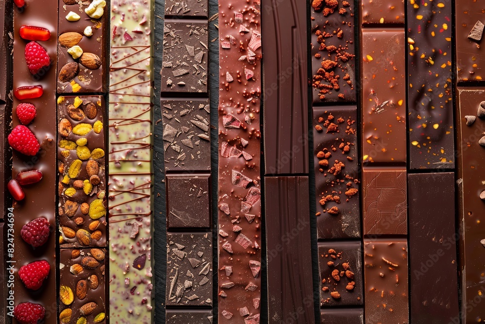 Poster a line-up of decadent chocolate bars showcasing a variety of flavors and toppings, neatly presented 